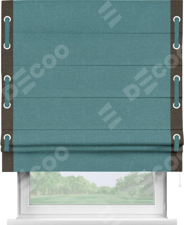 Римская штора «Кортин» с кантом Стрим Дуо (люверсы с пояском), для проема, ткань лён бирюзовый