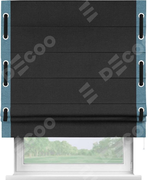 Римская штора «Кортин» с кантом Стрим Дуо (люверсы с пояском), для проема, ткань лён черный