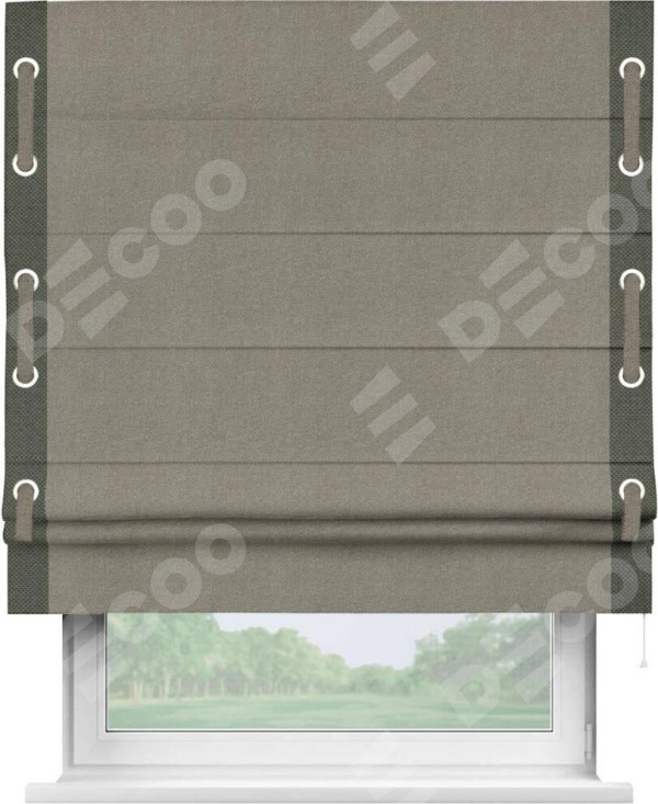 Римская штора «Кортин» с кантом Стрим Дуо (люверсы с пояском), для проема, ткань лён димаут, серо-зелёный