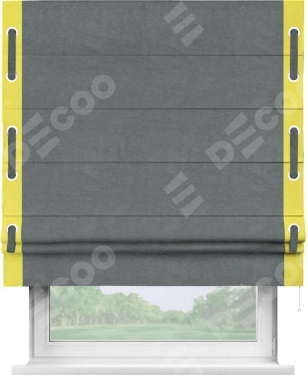 Римская штора «Кортин» с кантом Стрим Дуо (люверсы с пояском), для проема, ткань вельвет серый