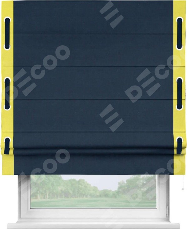 Римская штора «Кортин» с кантом Стрим Дуо (люверсы с пояском), для проема, ткань вельвет темно-синий