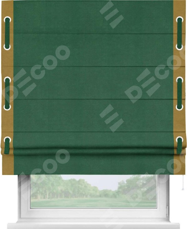 Римская штора «Кортин» с кантом Стрим Дуо (люверсы с пояском), для проема, ткань вельвет зеленый