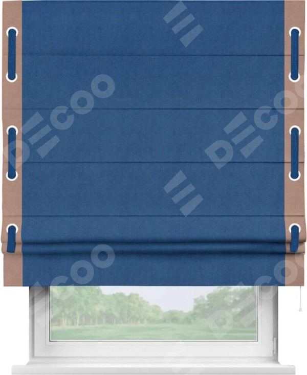 Римская штора «Кортин» с кантом Стрим Дуо (люверсы с пояском), для проема, ткань вельвет синий