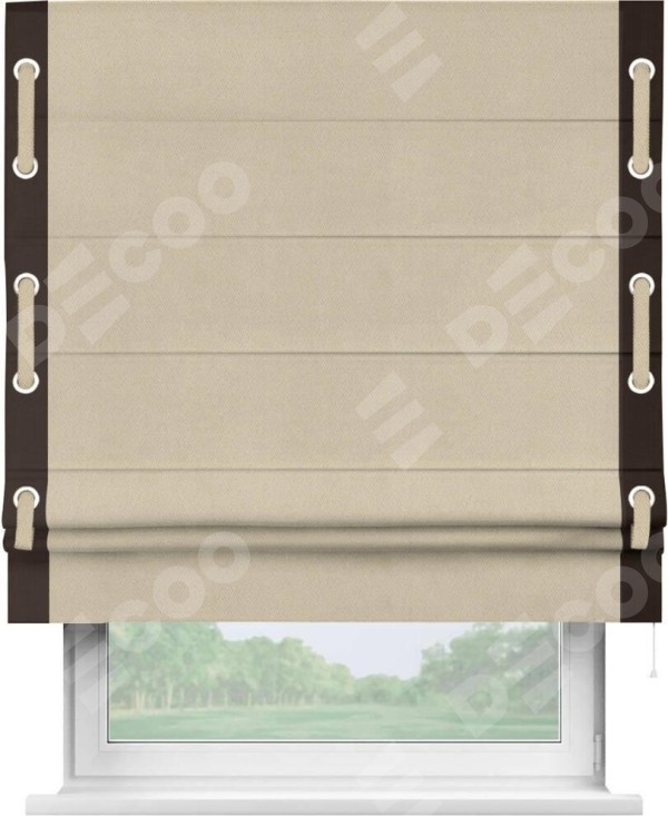 Римская штора «Кортин» с кантом Стрим Дуо (люверсы с пояском), для проема, ткань блэкаут однотонный кофейно-бежевый