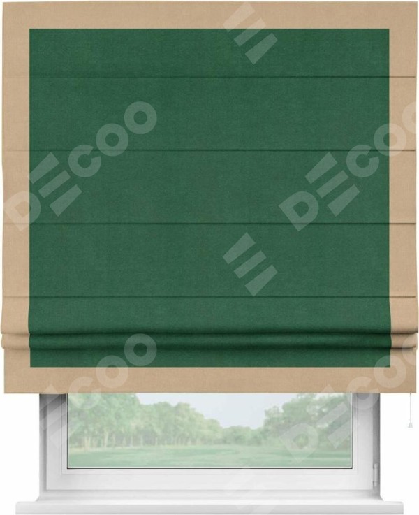 Римская штора «Кортин» с кантом Чесс, для проема, ткань вельвет зеленый