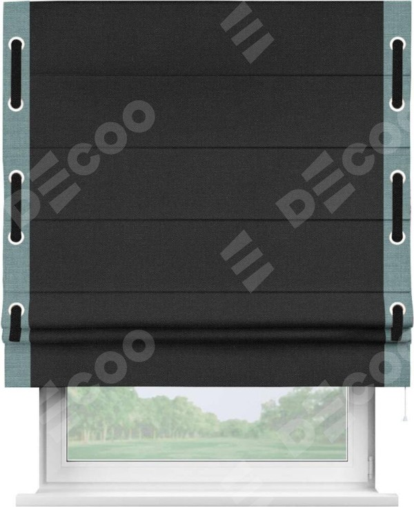 Римская штора «Кортин» с кантом Стрим Дуо (люверсы с пояском), для проема, ткань лён черный