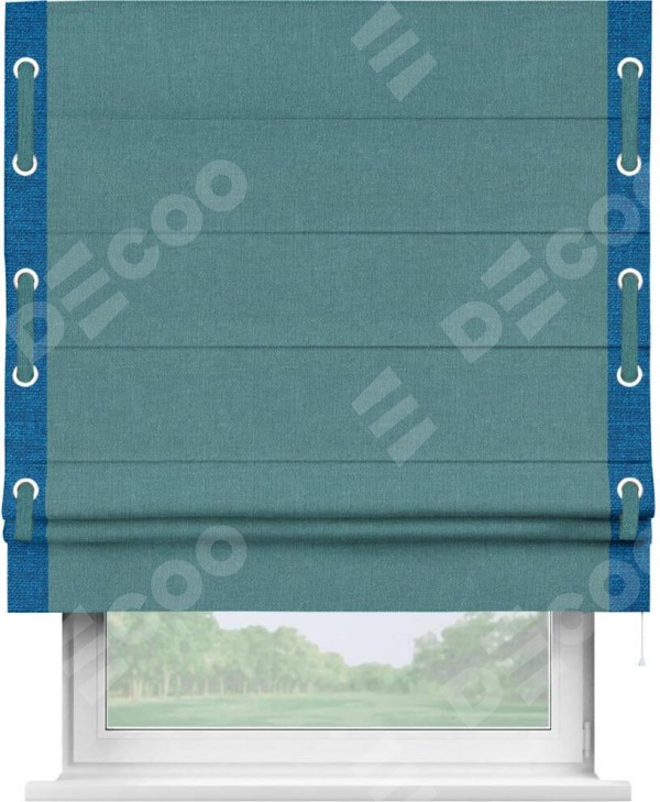 Римская штора «Кортин» с кантом Стрим Дуо (люверсы с пояском), для проема, ткань лён бирюзовый