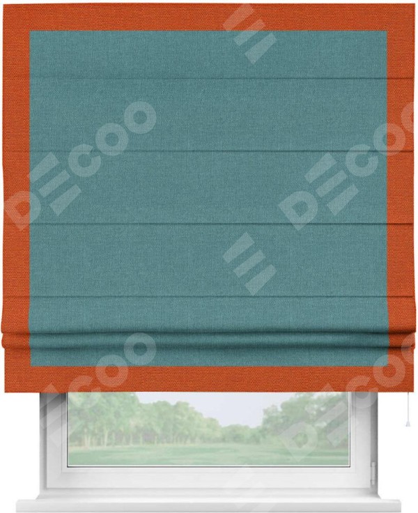 Римская штора «Кортин» с кантом Чесс, для проема, ткань лён бирюзовый