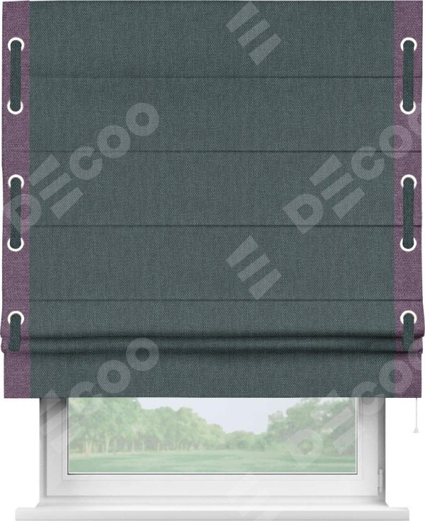 Римская штора «Кортин» с кантом Стрим Дуо (люверсы с пояском), для проема, ткань лён димаут, серо-синий