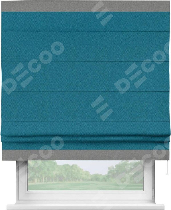 Римская штора «Кортин» с кантом Горизонт, для проема, ткань лён димаут, светло-синий