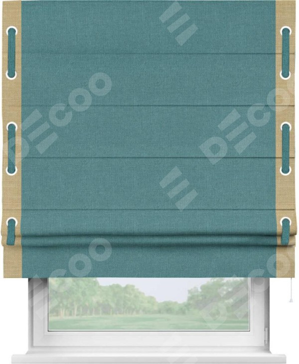 Римская штора «Кортин» с кантом Стрим Дуо (люверсы с пояском), для проема, ткань лён бирюзовый