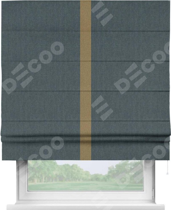 Римская штора «Кортин» с кантом Хайвэй, для проема, ткань лён димаут, серо-синий