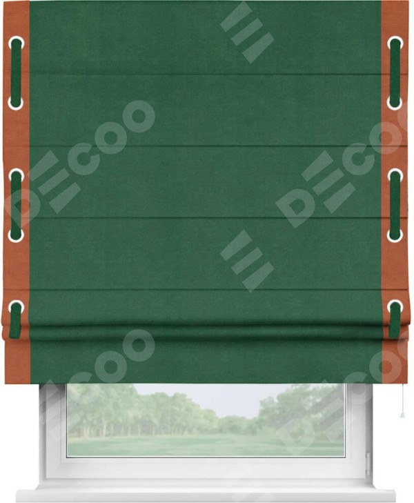 Римская штора «Кортин» с кантом Стрим Дуо (люверсы с пояском), для проема, ткань вельвет зеленый