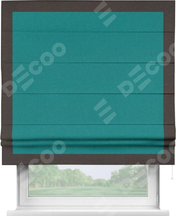 Римская штора «Кортин» с кантом Чесс, для проема, ткань лён димаут, тёмно-бирюзовый