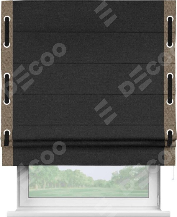 Римская штора «Кортин» с кантом Стрим Дуо (люверсы с пояском), для проема, ткань лён черный