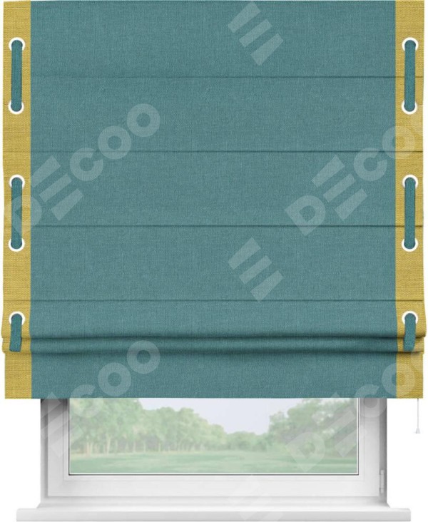 Римская штора «Кортин» с кантом Стрим Дуо (люверсы с пояском), для проема, ткань лён бирюзовый