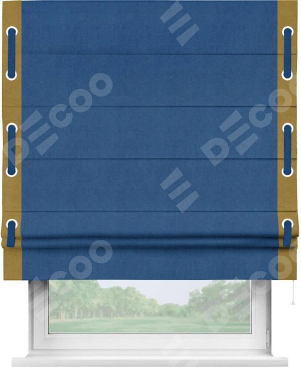 Римская штора «Кортин» с кантом Стрим Дуо (люверсы с пояском), для проема, ткань вельвет синий